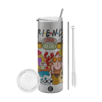 Friends, Eco friendly stainless steel Silver tumbler 600ml, with metal straw & cleaning brush