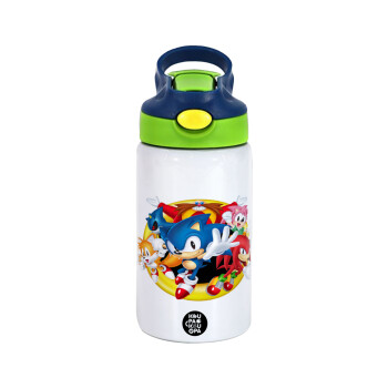 Sonic and friends, Children's hot water bottle, stainless steel, with safety straw, green, blue (350ml)