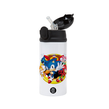 Sonic and friends, Children's hot water bottle, stainless steel, with safety straw, Black (360ml) BPA-FREE