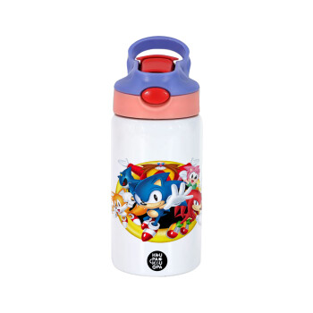 Sonic and friends, Children's hot water bottle, stainless steel, with safety straw, pink/purple (350ml)