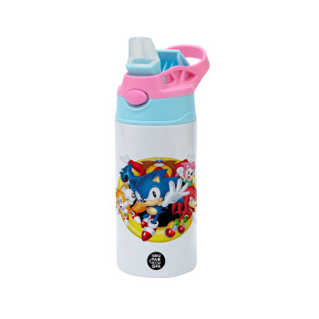 Sonic and friends, Children's hot water bottle, stainless steel, with safety straw, Pink/BlueCiel (360ml) BPA FREE