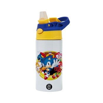 Sonic and friends, Children's hot water bottle, stainless steel, with safety straw, green, blue (360ml) BPA FREE