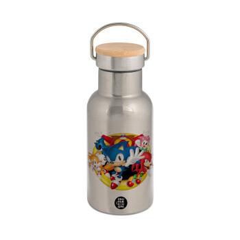 Sonic and friends, Stainless steel metallic thermos flask, silver with a bamboo lid, double-walled, 350ml.