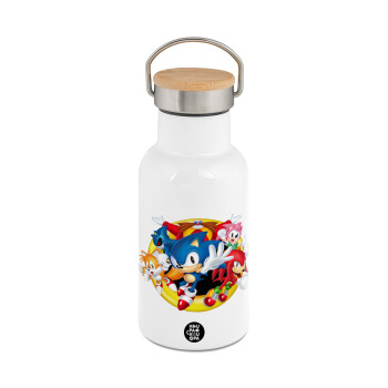 Sonic and friends, Μεταλλικό παγούρι θερμός (Stainless steel) Λευκό με ξύλινο καπακι (bamboo), διπλού τοιχώματος, 350ml