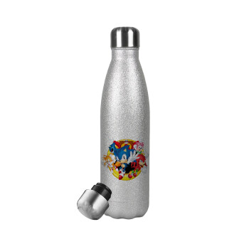 Sonic and friends, Μεταλλικό παγούρι θερμός Glitter Aσημένιο (Stainless steel), διπλού τοιχώματος, 500ml