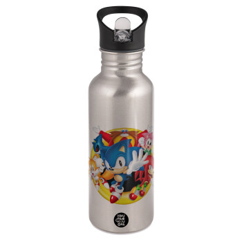 Sonic and friends, Water bottle Silver with straw, stainless steel 600ml