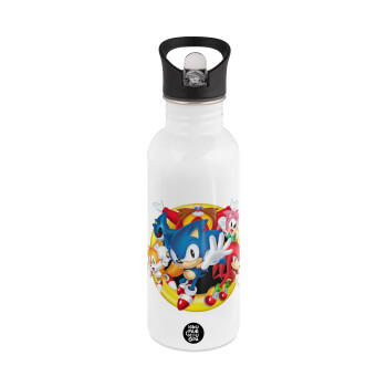 Sonic and friends, White water bottle with straw, stainless steel 600ml