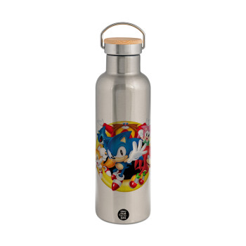 Sonic and friends, Μεταλλικό παγούρι θερμός (Stainless steel) Ασημένιο με ξύλινο καπακι (bamboo), διπλού τοιχώματος, 750ml