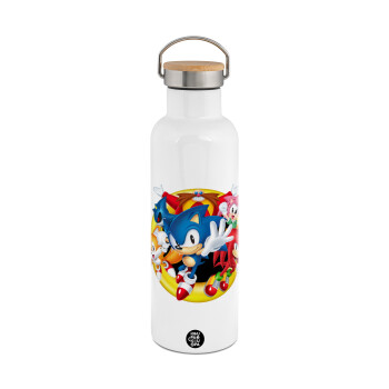 Sonic and friends, Μεταλλικό παγούρι θερμός (Stainless steel) Λευκό με ξύλινο καπακι (bamboo), διπλού τοιχώματος, 750ml