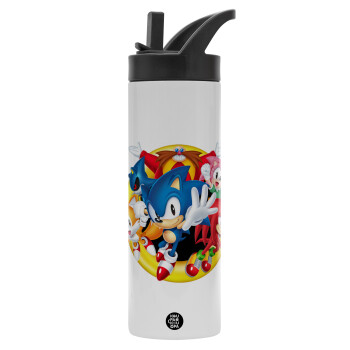 Sonic and friends, Metallic thermos bottle with straw & handle, stainless steel (Stainless steel 304), double-walled, 600ml.