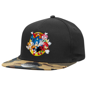 Sonic and friends, Adult Flat Snapback Hat Black/Camouflage, (100% COTTON TWILL, ADULT, UNISEX, ONE SIZE)