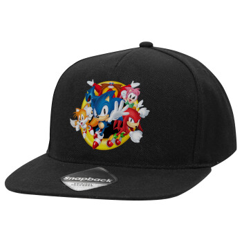 Sonic and friends, Adult Flat Snapback Hat Black, (100% COTTON TWILL, ADULT, UNISEX, ONE SIZE)