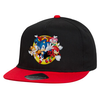 Sonic and friends, Children's Flat Snapback Hat, Black/Red (100% COTTON, CHILDREN'S, UNISEX, ONE SIZE)