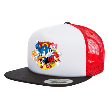 Sonic and friends, Adult Foam Flat Snapback with Mesh Black-White-Red (POLYESTER, ADULT, UNISEX, ONE SIZE)