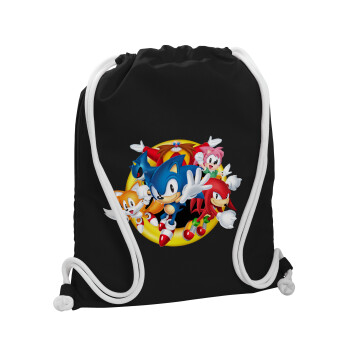 Sonic and friends, Backpack pouch GYMBAG Black, with pocket (40x48cm) & thick white cords