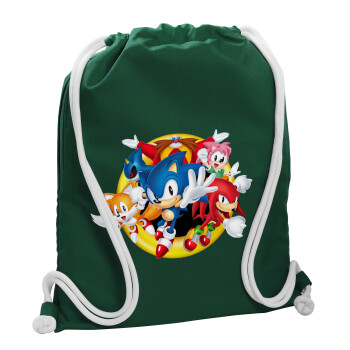 Sonic and friends, Τσάντα πλάτης πουγκί GYMBAG BOTTLE GREEN, με τσέπη (40x48cm) & χονδρά λευκά κορδόνια