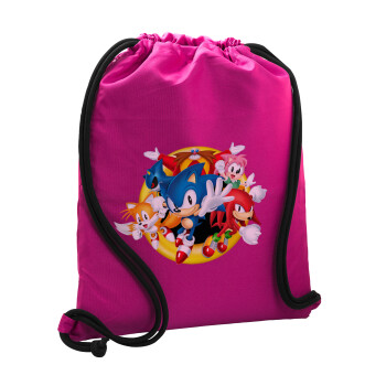 Sonic and friends, Backpack pouch GYMBAG Fuchsia, with pocket (40x48cm) & thick cords