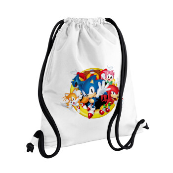 Sonic and friends, Backpack pouch GYMBAG white, with pocket (40x48cm) & thick cords