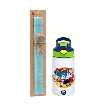 Sonic and friends, Easter Set, Children's thermal stainless steel bottle with safety straw, green/blue (350ml) & aromatic flat Easter candle (30cm) (TURQUOISE)