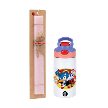 Sonic and friends, Easter Set, Children's thermal stainless steel water bottle with safety straw, pink/purple (350ml) & Easter scented flat candle (30cm) (PINK)