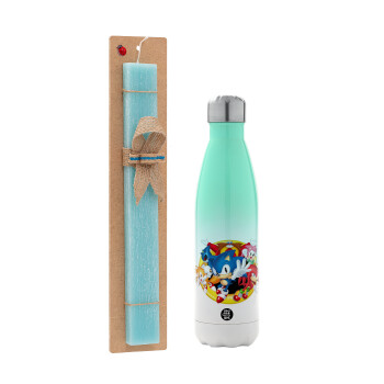 Sonic and friends, Easter Set, Metallic green/white thermos (Stainless steel), double-walled, 500ml & scented flat Easter candle (30cm) (TURQUOISE)