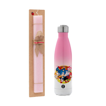 Sonic and friends, Easter Set, Metallic pink/white (Stainless steel) thermos, double-walled, 500ml & aromatic flat Easter candle (30cm) (PINK)