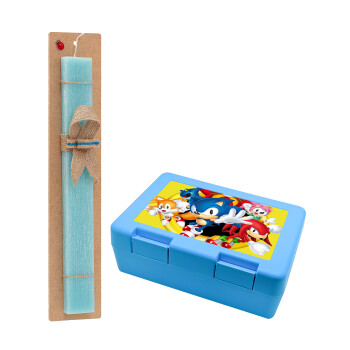 Sonic and friends, Easter Set, children's snack container BLUE & Easter aromatic flat candle (30cm) (TURQUOISE)