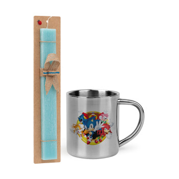 Sonic and friends, Easter Set, metallic thermal cup (300ml) & aromatic flat Easter candle (30cm) (TURQUOISE)