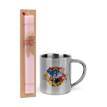 Sonic and friends, Easter Set, metallic thermal cup (300ml) & aromatic flat Easter candle (30cm) (PINK)