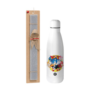 Sonic and friends, Easter Set, metallic stainless thermos bottle (500ml) & scented flat Easter candle (30cm) (GRAY)