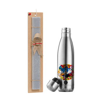 Sonic and friends, Easter Set, metallic stainless thermos flask (500ml) & scented flat Easter candle (30cm) (GRAY)