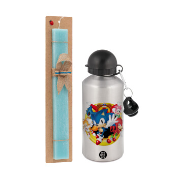 Sonic and friends, Easter Set, metallic silver aluminum water bottle (500ml) & scented flat Easter candle (30cm) (TURQUOISE)