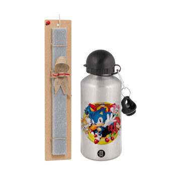 Sonic and friends, Easter Set, metallic silver aluminum water bottle (500ml) & aromatic flat Easter candle (30cm) (GRAY)