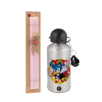 Sonic and friends, Easter Set, metallic Silver aluminum water bottle (500ml) & scented flat Easter candle (30cm) (PINK)