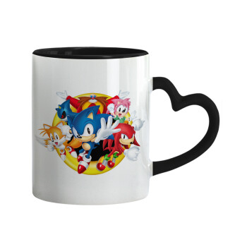 Sonic and friends, Mug heart black handle, ceramic, 330ml