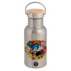 Stainless steel metallic thermos flask, silver with a bamboo lid, double-walled, 350ml.