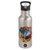 Water bottle Silver with straw, stainless steel 600ml