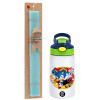 Easter Set, Children's thermal stainless steel bottle with safety straw, green/blue (350ml) & aromatic flat Easter candle (30cm) (TURQUOISE)