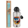 Easter Set, metallic silver aluminum water bottle (500ml) & scented flat Easter candle (30cm) (TURQUOISE)