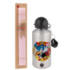 Easter Set, metallic Silver aluminum water bottle (500ml) & scented flat Easter candle (30cm) (PINK)