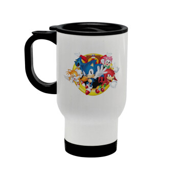 Sonic and friends, Stainless steel travel mug with lid, double wall white 450ml