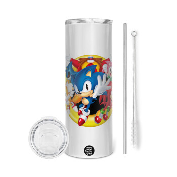 Sonic and friends, Tumbler ποτήρι θερμό από ανοξείδωτο ατσάλι 600ml, με μεταλλικό καλαμάκι & βούρτσα καθαρισμού