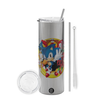 Sonic and friends, Eco friendly ποτήρι θερμό Ασημένιο (tumbler) από ανοξείδωτο ατσάλι 600ml, με μεταλλικό καλαμάκι & βούρτσα καθαρισμού