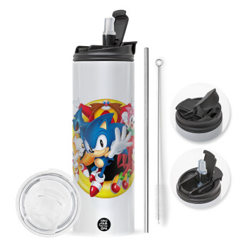 Sonic and friends, Travel Tumbler θερμό με διπλό καπάκι, μεταλλικό καλαμάκι και βούρτσα καθαρισμού (Ανωξείδωτο 304 Food grade, BPA free, 600ml)