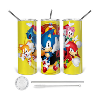 Sonic and friends, Tumbler ποτήρι θερμό από ανοξείδωτο ατσάλι 600ml, με μεταλλικό καλαμάκι & βούρτσα καθαρισμού