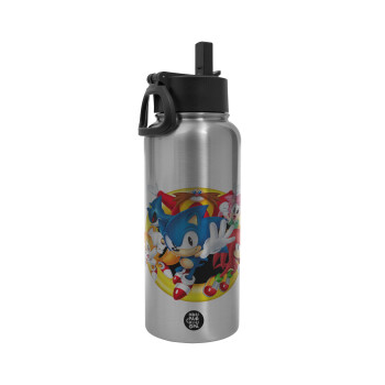 Sonic and friends, Μεταλλικό παγούρι θερμός Silver με καλαμάκι και χερούλι (Stainless steel), διπλού τοιχώματος, 950ml