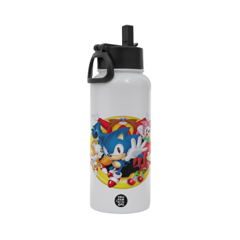 Sonic and friends, Metal mug thermo White with Straw and Spout Lid (Stainless steel), double wall, 950ml