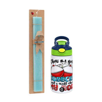 Show me your bobbers and i will show my rod , Easter Set, Children's thermal stainless steel bottle with safety straw, green/blue (350ml) & aromatic flat Easter candle (30cm) (TURQUOISE)