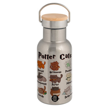 Potter Cats, Stainless steel metallic thermos flask, silver with a bamboo lid, double-walled, 350ml.