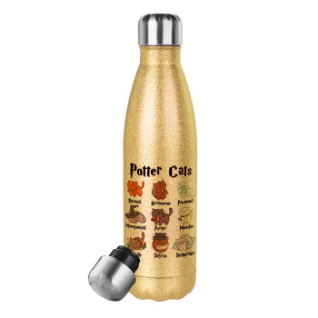 Potter Cats, Glitter gold stainless steel thermos bottle, double-walled, 500ml